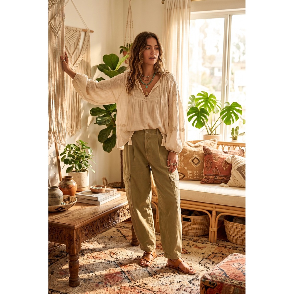 Free People High Rise Barrel Cargo Pants Olive Green Utility Trousers Size 10